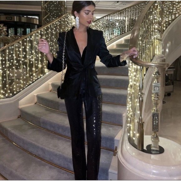 Zara Black Sequin Wide Leg Pants - Picture 8 of 14